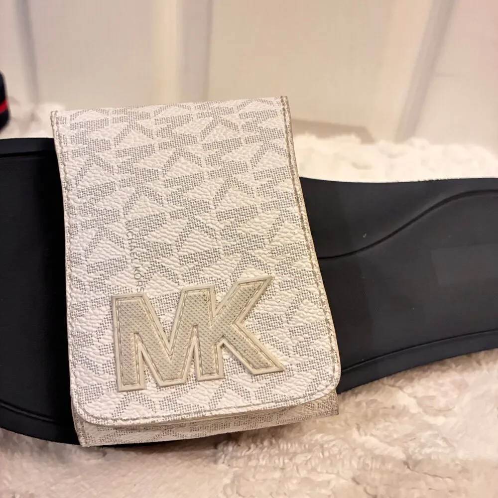 RUNWAY MICHAEL KORS WHITE BLUE RED LOGO SLIP ON SANDAL SLIDE Womens Size 10